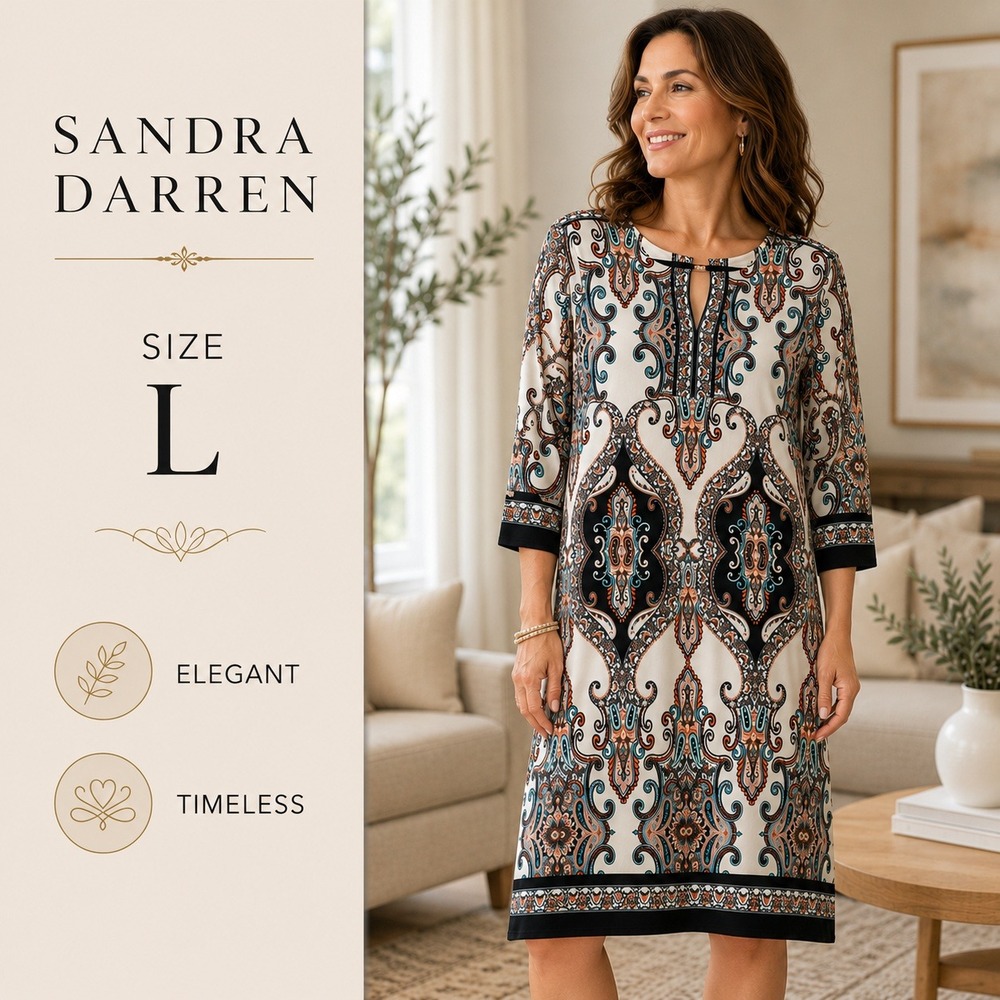 Sandra Darren Shift Dress Womens Large White Paisley 3/4 Sleeveβ Jersey Office